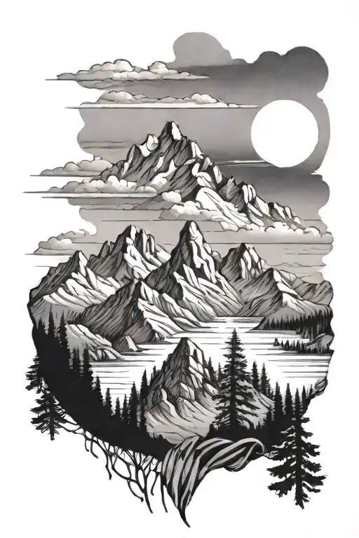 Realistic Landscape Of Mountains With A Girl Rising Sun