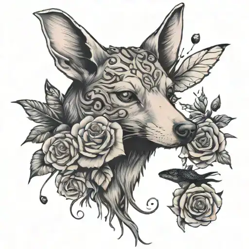 Skinny Tattoo Design With A Tree With Roses And Butterflies A Dog And An Axolotl