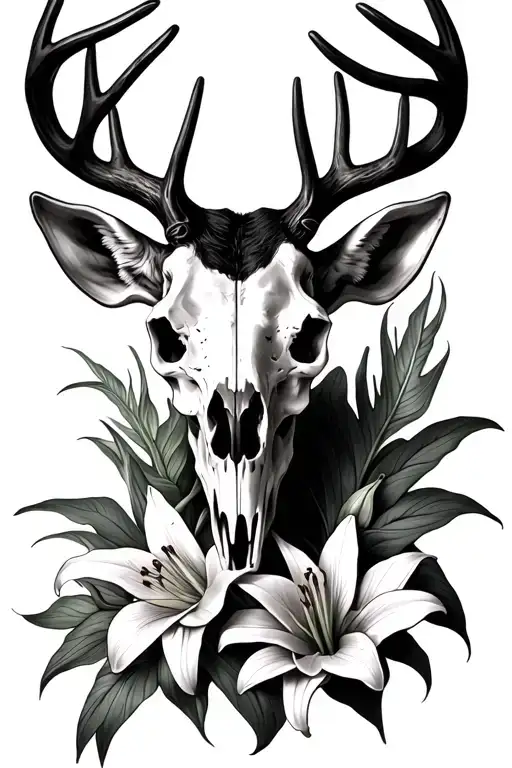 Deer Skull And Lillies Realistic