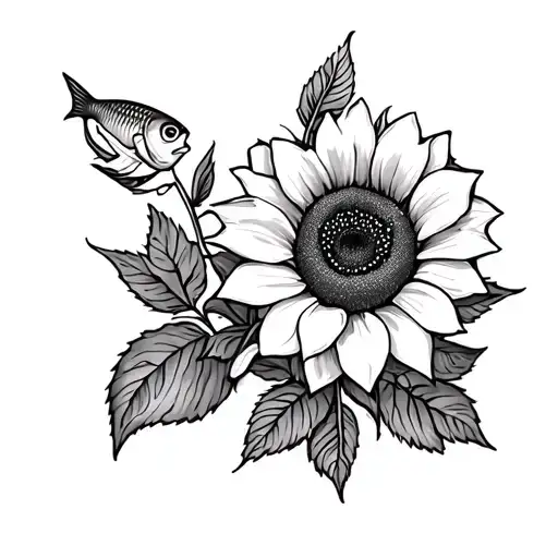 Roses With A Sunflower And Swimming Fish