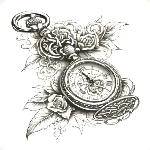 Pocket Watch Tattoo With Roman Numeral Date
