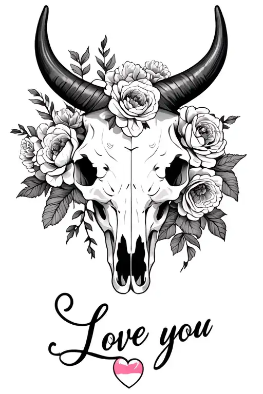 Simple Bull Skull With Roses Peonies And Carnations With A Heart With 'I Love You' In The Middle