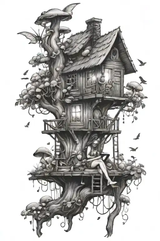 Fairy Sitting In A Treehouse Reading A Book In The Moonlight Surrounded By Mushrooms