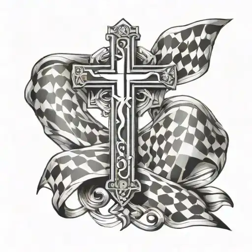 Christian Cross Wrapped By A Racing Checkered Flag
