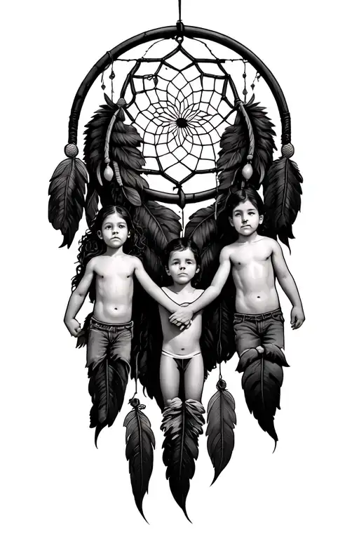 Dream Catcher With Three Children And A Man Holding Hands