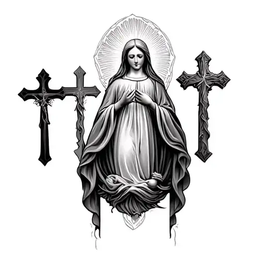 Large Virgin Mary And 3 Crosses Horizontally Spine