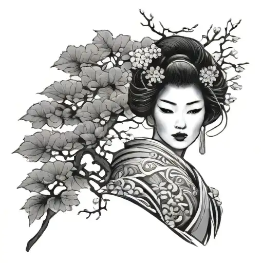 Geisha And Japanese Tree