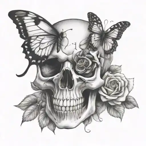 Skull With Butterfly Emerging From Eye And Roses