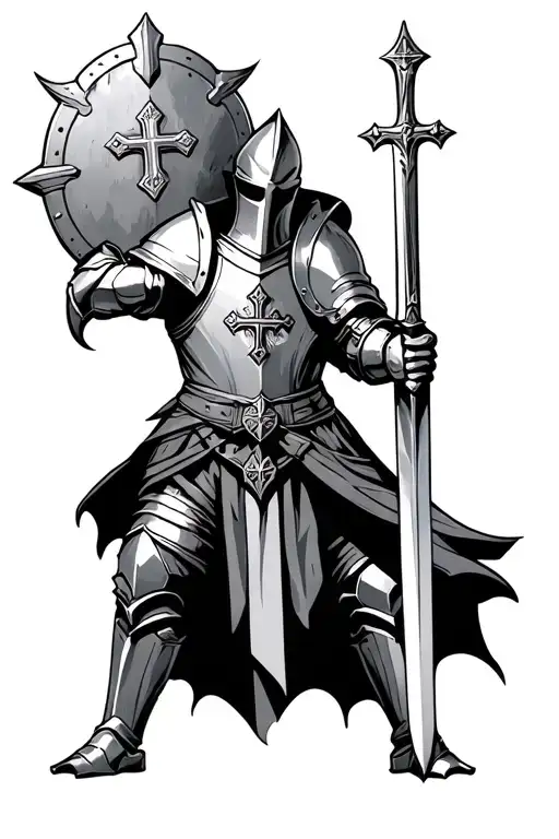 Crusader In Full Plate Armor With A Jerusalem Cross On The Chestplate And Holding A Sword