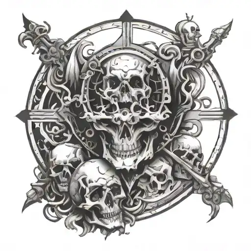 Clock Face With Skulls And Evil Background Black