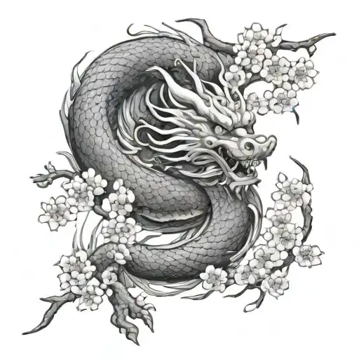Japanese Dragon With Sakura Trees