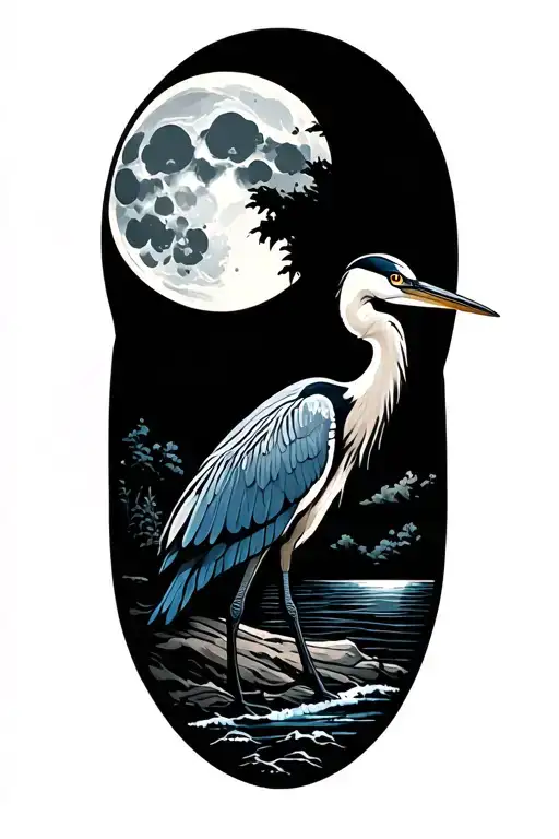 Full Moon With Coastal Landscape And A Blue Heron