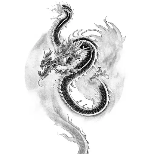 A Black And Grey Portrait Of A Chinese Dragon Holding A Paint Palette And Brush