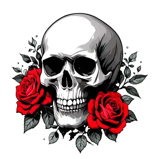 Skull With Red Roses Growing Dim Illuminated