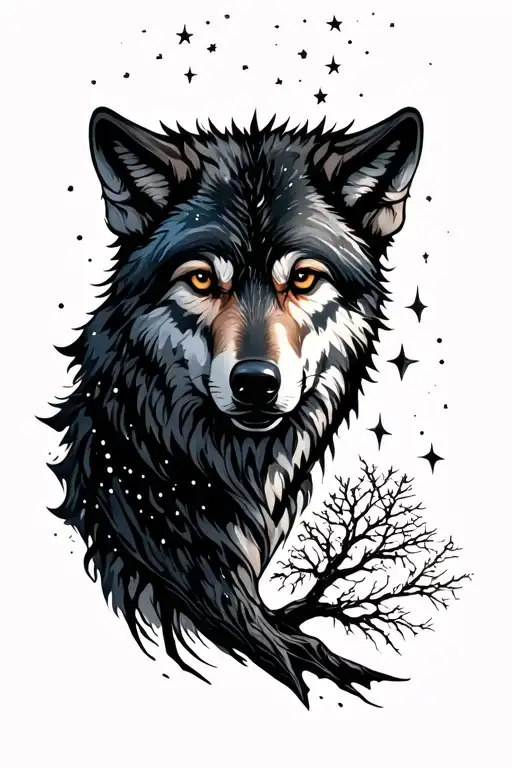 Wolf With Tree And Sky Filled With Stars Forming The Shape