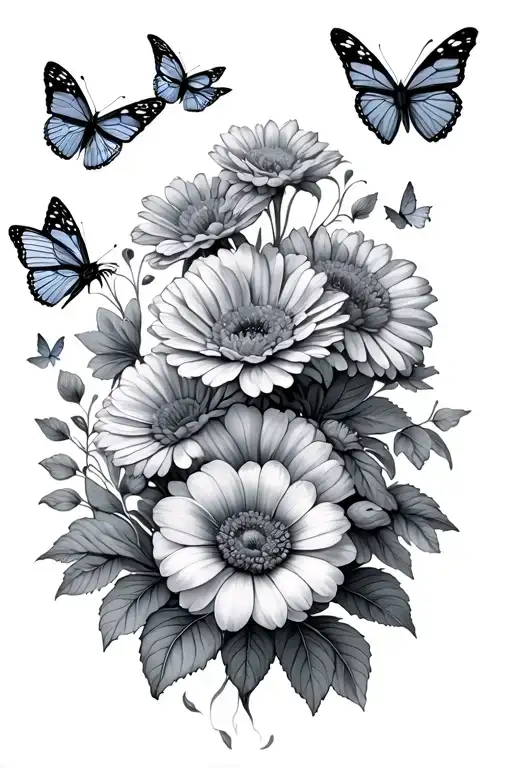 A Tattoo Of All My Family Members Birth Flowers With Butterflies Flying Around