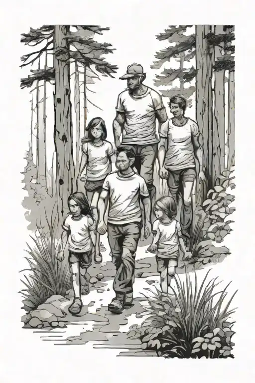 Father Walking In The Woods With Two Girls And Two Boys