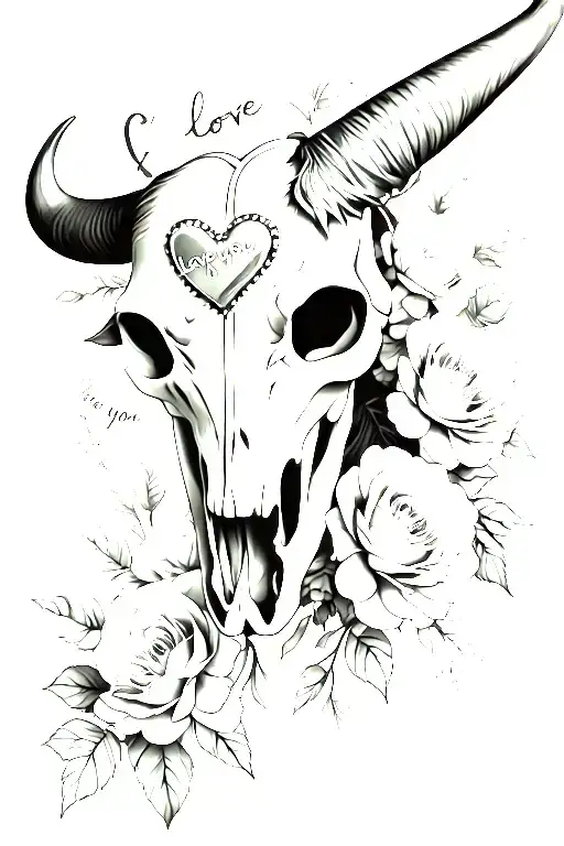 Bull Skull With Roses Peonies And Carnations With A Heart With 'I Love You' In The Middle