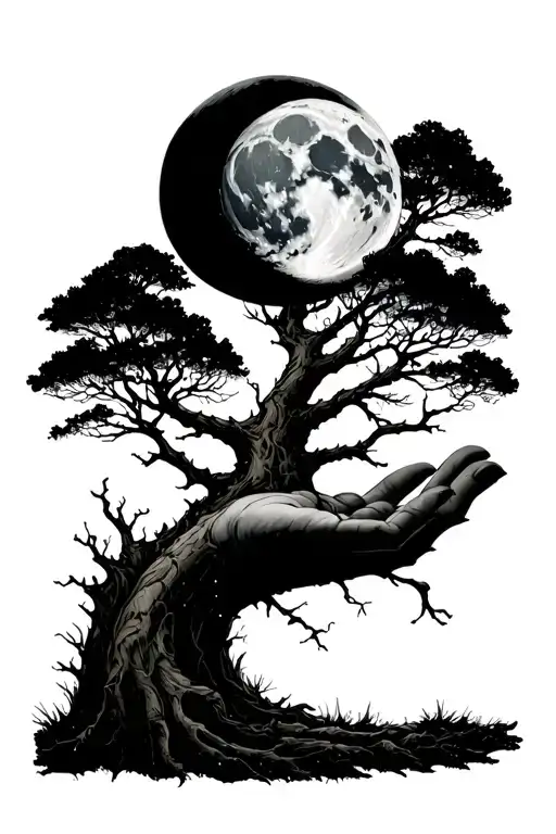 A Hand From A Tree Root Holds The Full Moon