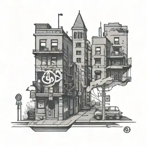 A Stylized Cityscape Of Klingerman Street With A Gang Symbol Incorporated Into The Design