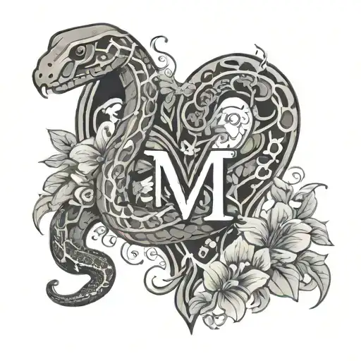 Heart Shaped Snake With The Letter M Inside With Flowers Around It