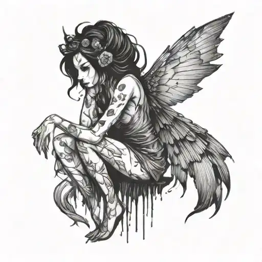 Sad Disturbing Goth Fairy With Destroyed Wings