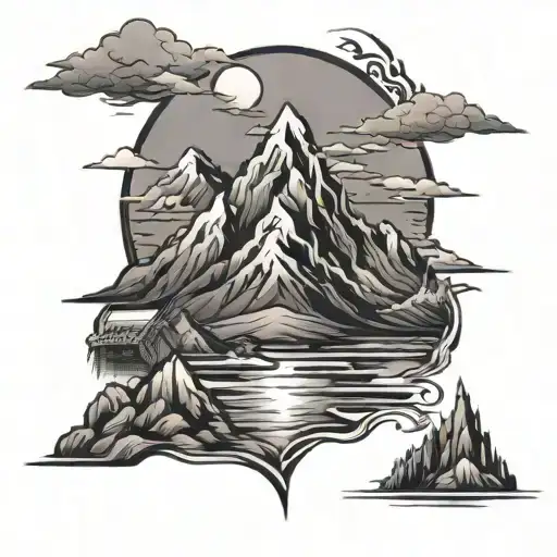 A Tribal Tattoo Sleeve With Mountains And Water