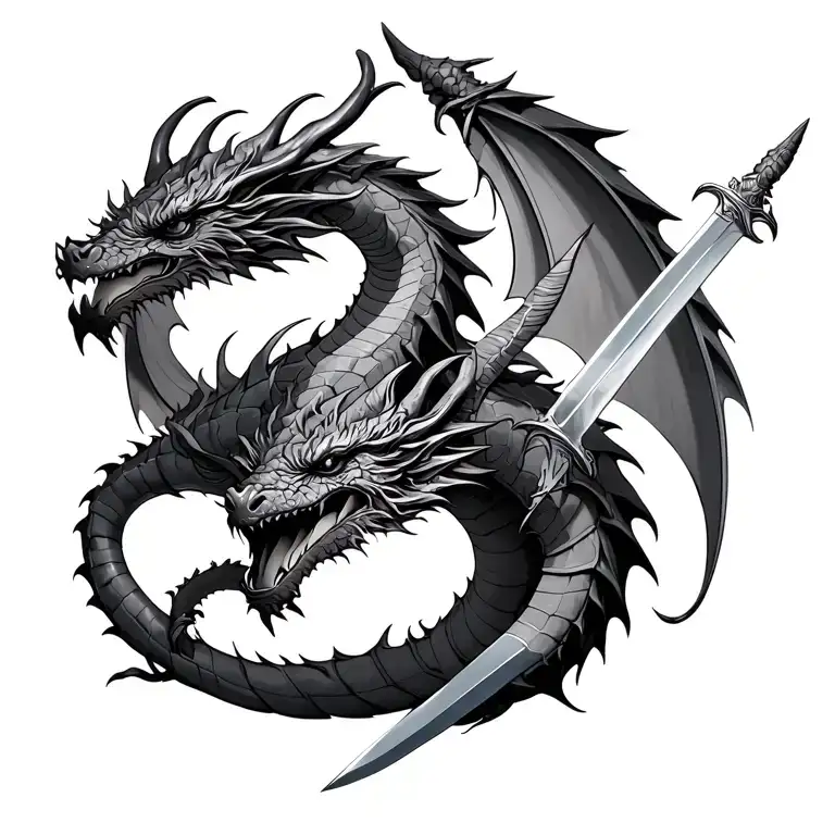 Dragons On The Back With Stuck Swords