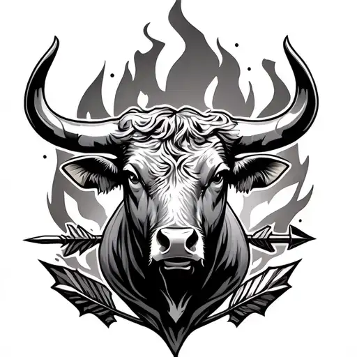 A Bull In The Center An 8 An Arrow A 6 And Fire As The Background