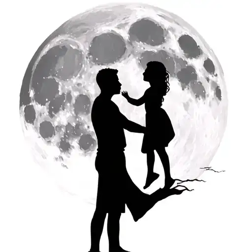 Father Raising Daughter Overhead Silhouette In Front Of Moon