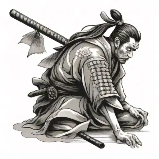A Samurai Who Bowed His Head And Behind Him Was Sakura
