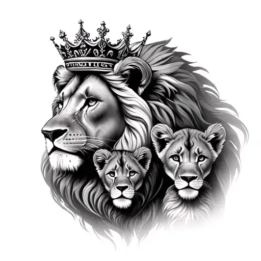 Female Lion And Two Cubs With Crowns On Shoulder