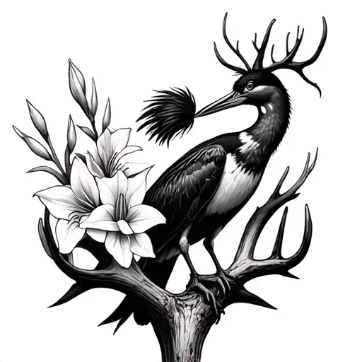 Cormorant Standing On A Deer Antler Wrapped In Gladiolus Flower