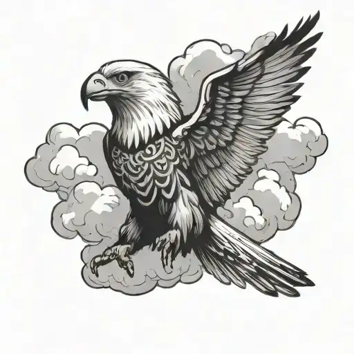 A Smoke Eagle Emerging From The Clouds Above A Serene Image Of San Maria Praying