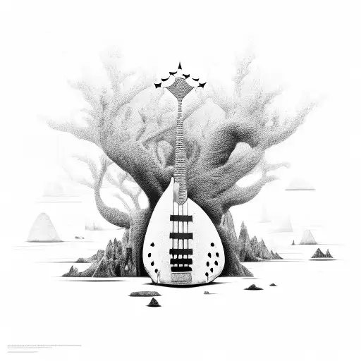 A Surreal Landscape With A Giant Bass Guitar As The Focal Point