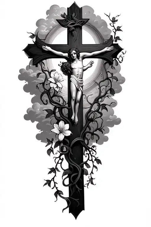 Cross With Vines And Floers On Them And Clouds And Heavens Gates In The Background