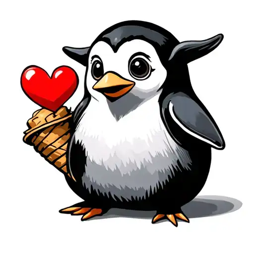 Penguin With Cone And Heart Holds And