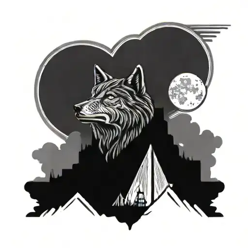 Metal Font Style Wolf Head Howling At The Moon And Sutro Tower