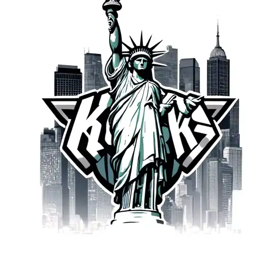 Statue Of Liberty With New York Knicks Logo Statue And Skyline