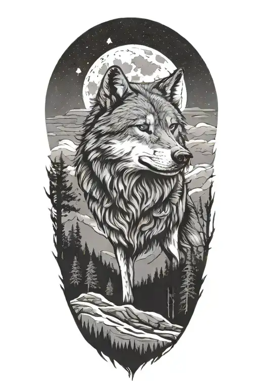 Wolf Infront Of Forest And Mountains With Moon