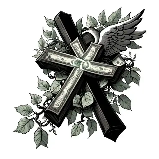 Cross With Vine Wrapped Around And Money As Leaves With Angel Above It