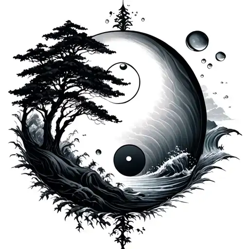 Ying And Yang With Forest And Sea With Air Bubbles And