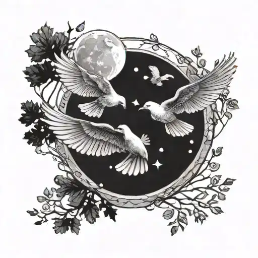 Three Doves Flying Together Away From The Moon Surrounded By Trees