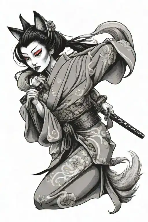 Geisha Hugging A Katana Wearing A Kitsune Mask