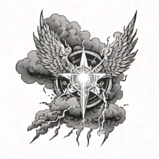 Angelic Symbols Floating In Clouds With Lightning Striking Each Symbol Lighting Them Up