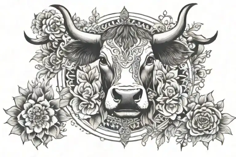 Symmetric Flowers And Cow Mandala Design Incorporating