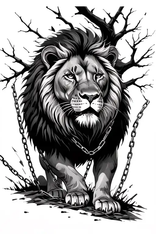 Lioness With Chains Breaking And Bursting Standing Next To A Tree