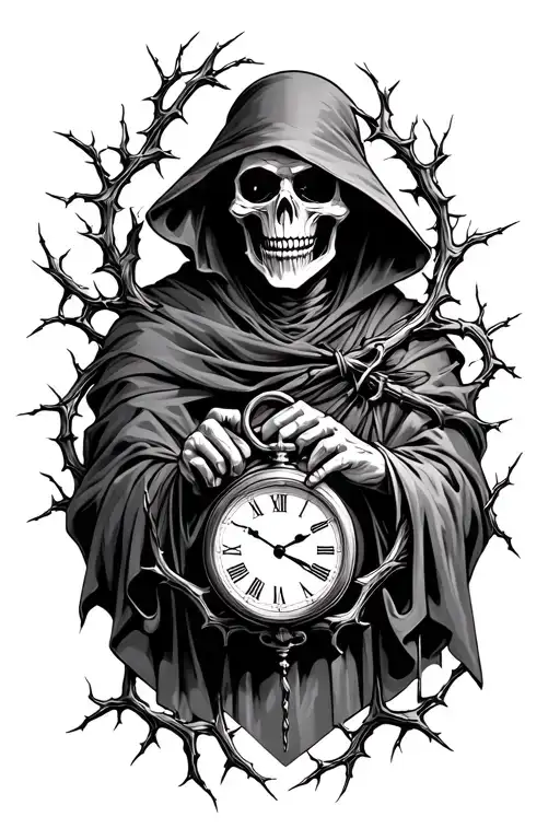 Grim Reaper Holding Clock With Thorn Vines Wrapped