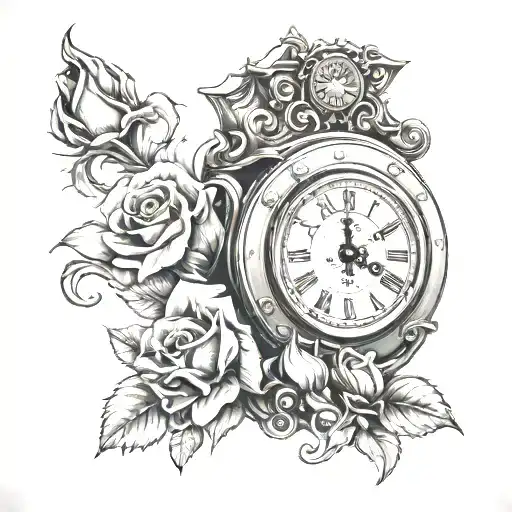 A Clock Tower Frozen Clock With Two Roses