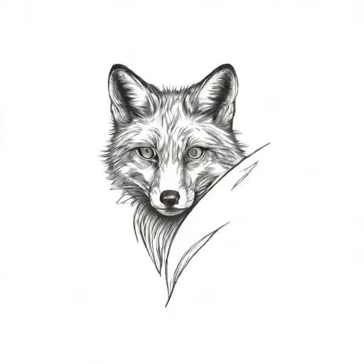 Fox Head With Blue Eyes Looking Straight On With Shading Of Trees And Bushes